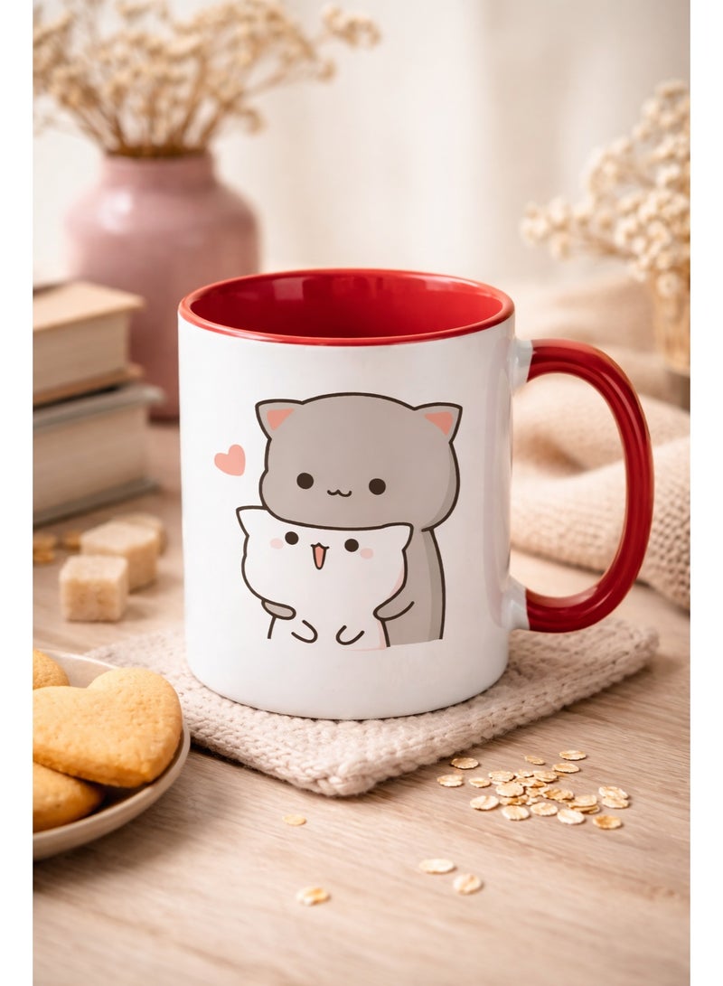 ميلز كوب قهوة سيراميك لطيف على شكل قطة موتشي خوخية - كوب أحمر بلونين - Image 2